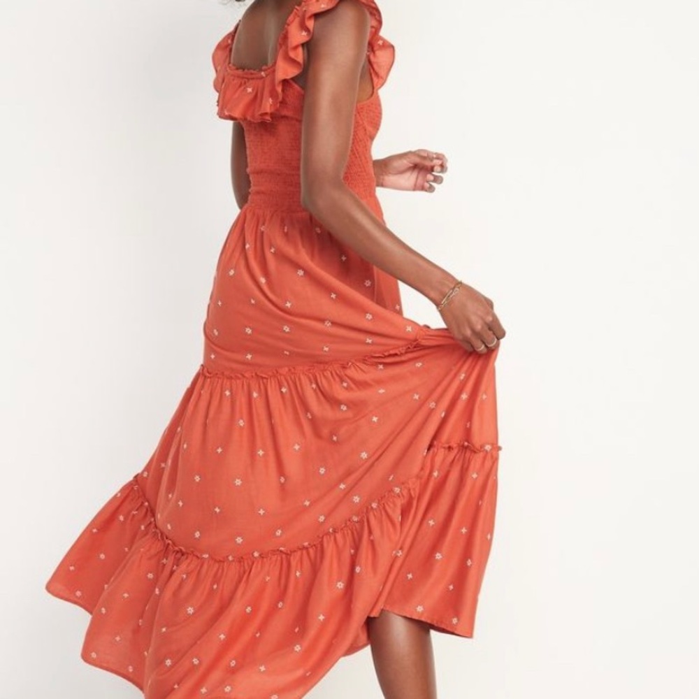 Old Navy Ruffled Smocked-Bodice Tomato Floral Maxi Ruffled Dress